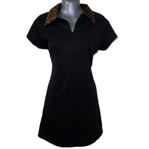 Elyse New York Black Dress Leopard Print Collar Short Sleeve Size M Y2K